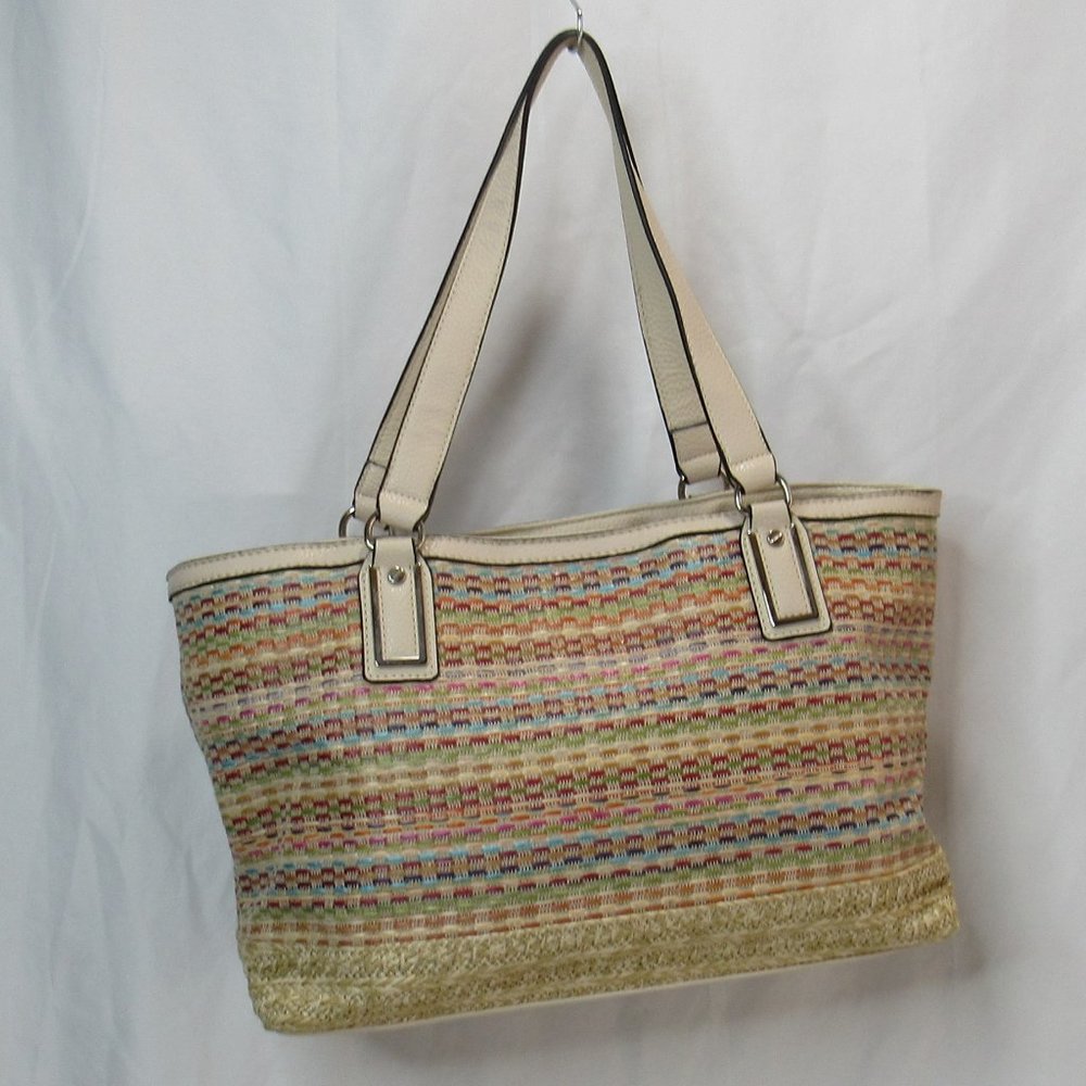 Dana Buchman Women’s Multicolored Woven Straw Faux Leather Tote Bag Purse - Picture 2 of 13